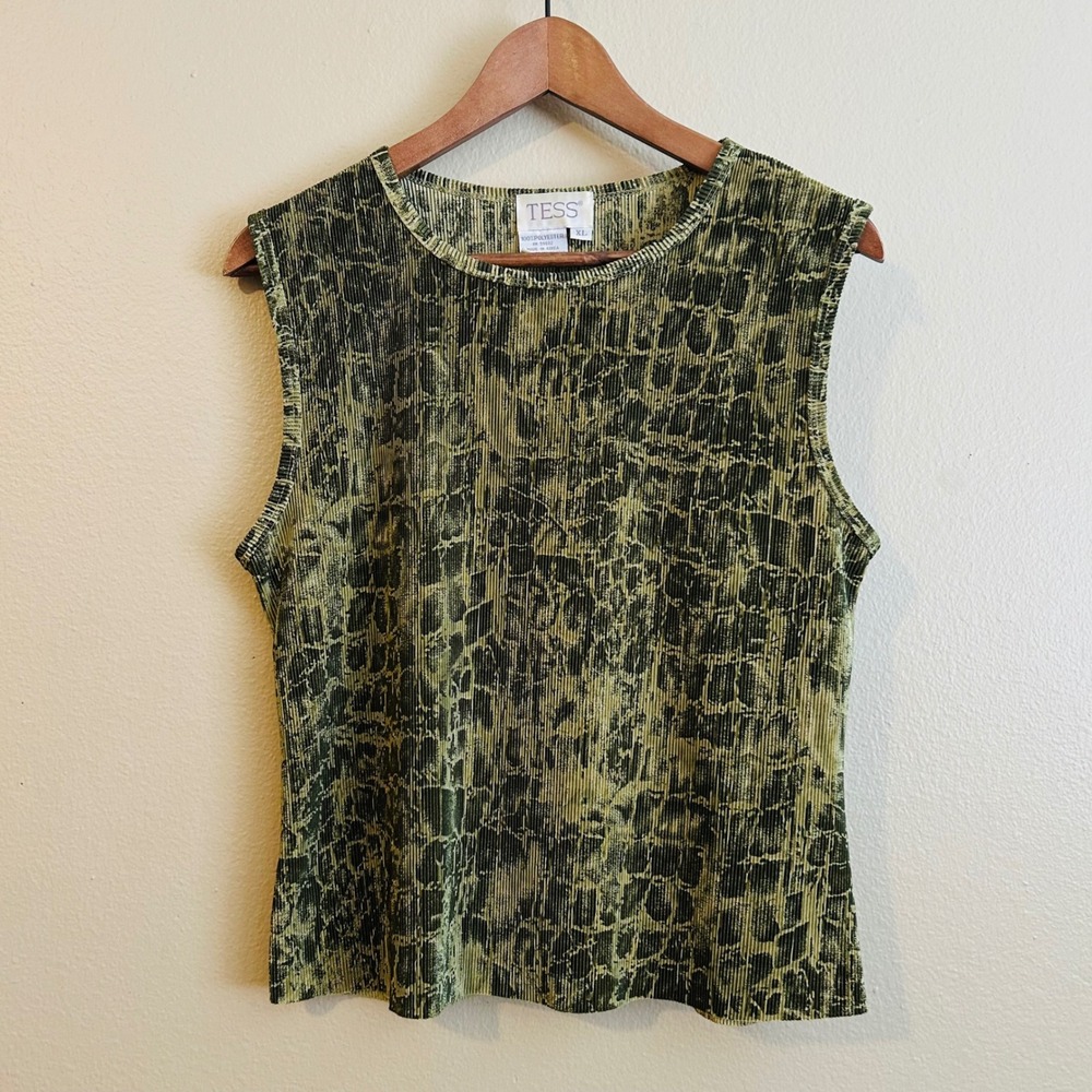 Vintage Tess Tank Textured Pleated Snakeskin Green Top XL Korea Grunge Goth